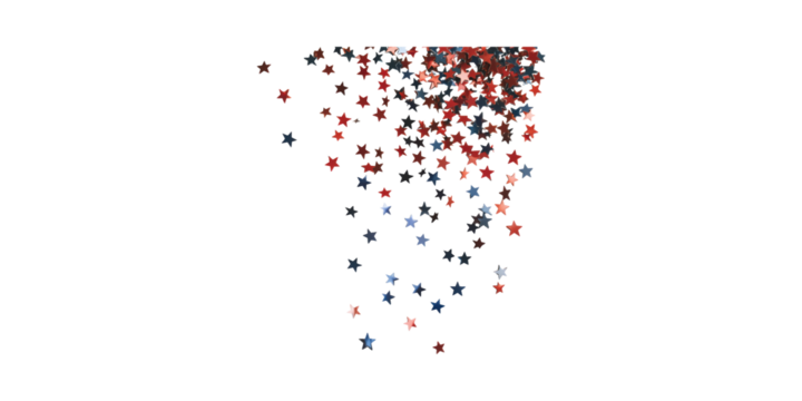 Red,, And Blue Star Confetti. Festive Celebration And Patriotic Theme Isolated On Transparent Background