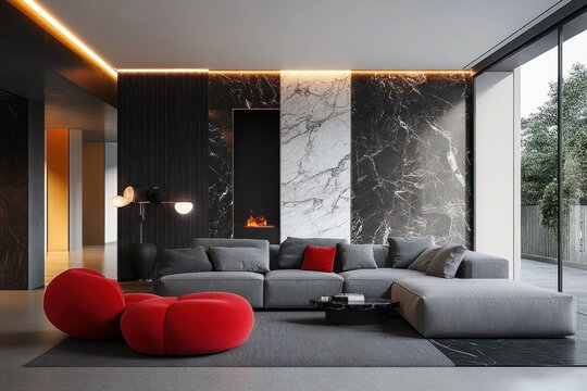 Modern living room with large gray sectional sofa, red round chairs, black marble wall with white marble accent and built-in fireplace, floor-to-ceiling windows showing outdoor greenery