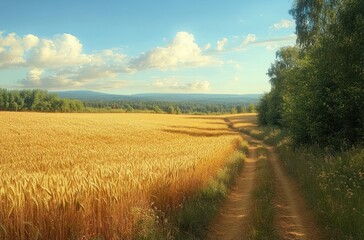 Golden wheat field beside a dirt path leading into dense green trees under a bright blue sky with fluffy white clouds in a peaceful rural landscape