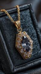 Elegant gold necklace with a black gemstone and sparkling diamonds displayed on a luxurious dark background