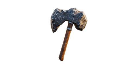 Primitive Stone Hammer With Wooden Handle. Ancient Tool For Survival And Craftsmanship Isolated On Transparent Background