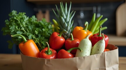 A cotton bag filled with various farm vegetables lies in the modern kitchen. Cabbage, broccoli, bell peppers and paprika are visible from the bag of produce.
