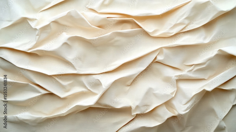 Poster close-up view of wrinkled beige fabric creating soft folds and shadows with a subtle textured surfac