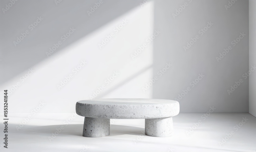 Poster minimalist round concrete stool or low table casting soft shadows in an empty white room with angled