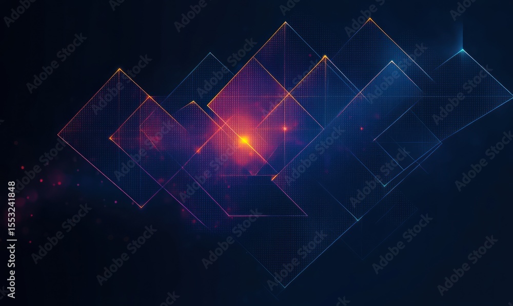 Aufkleber abstract glowing geometric digital squares overlayed in gradient orange and blue colors on dark back
