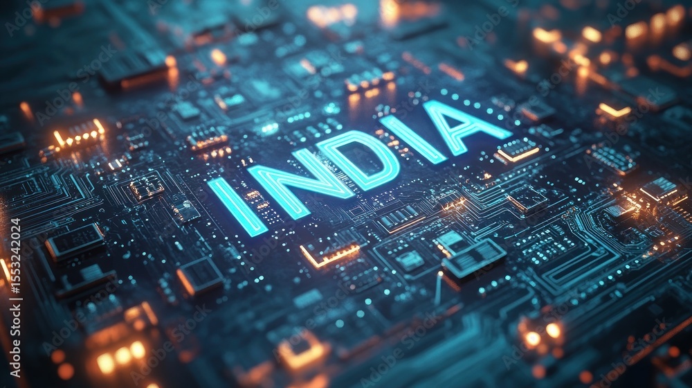 Poster close-up of a high-tech electronic circuit board with glowing blue text displaying the word india an
