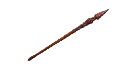Traditional Wooden Spear With Carved Details. Cultural Artifact And Historical Weaponry Isolated On Transparent Background