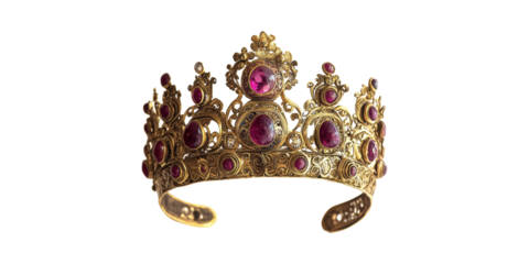 Ornate Gold Crown With Red Gemstones. Symbol Of Royalty And Elegance Isolated On Transparent Background