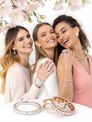 Three smiling women showcasing jewelry with floral background in a bright and cheerful setting