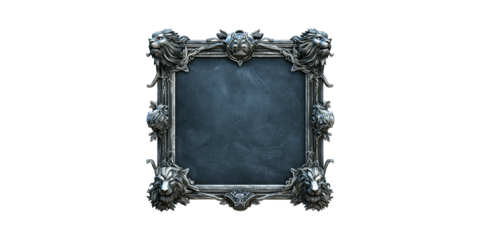 Ornate Silver Frame With Lion Motifs Dark. Elegant Design For Art And Decor Isolated On Transparent Background