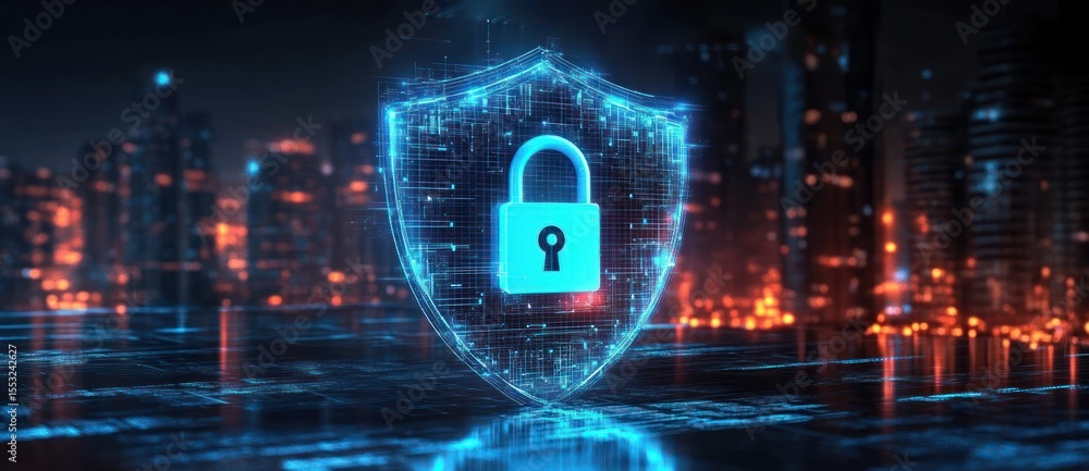 Poster glowing blue digital shield with a padlock symbol floating over a reflective surface in a futuristic