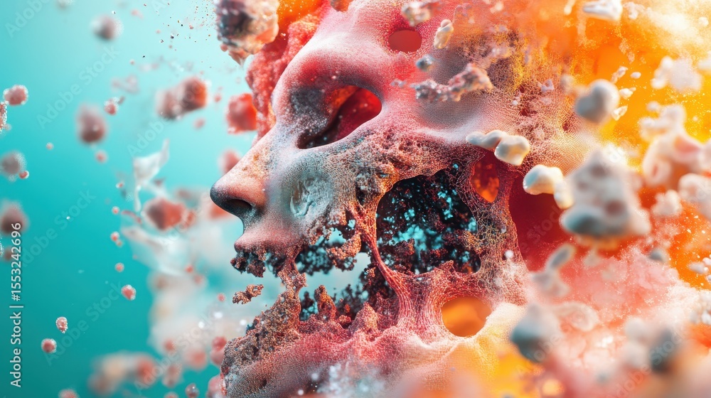Poster an imaginative image depicting a skull intricately designed with explosive colors and textures, repr