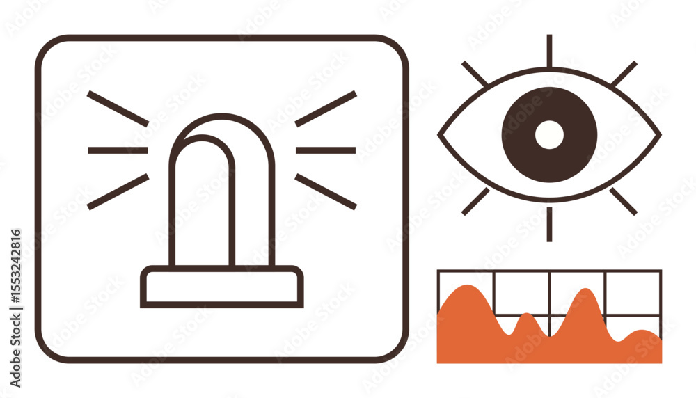 Poster alert signal with radiating lines, eye representing observation, and graph showing spikes in data. i