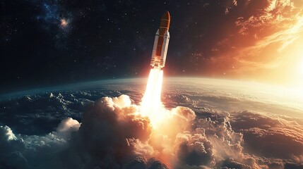 A rocket launches into space from Earth, leaving a trail of fire and smoke against the backdrop of the planet and a starry sky.