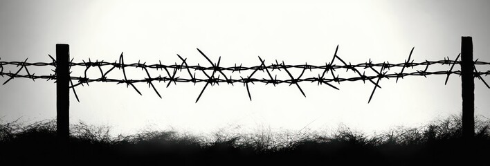 Close-up of sharp barbed wire stretched between wooden posts with tangled shrubbery in black and white, evoking a sense of restriction and isolation