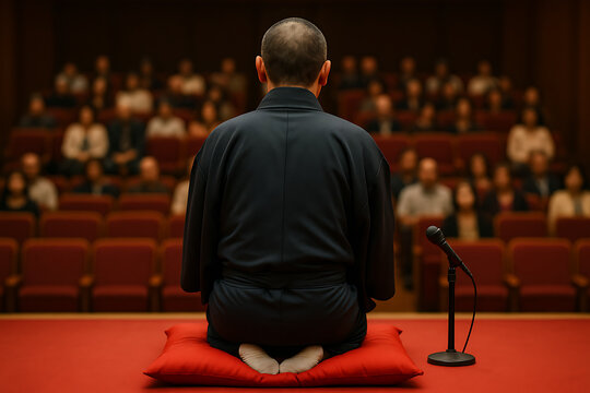 満席の観客を前に高座で語る落語家の後ろ姿