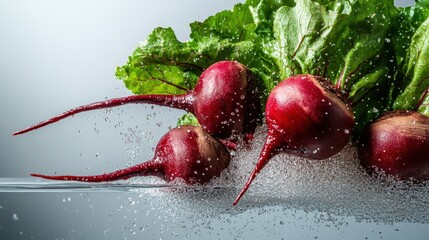 A vibrant display of fresh red beets surrounded by water bubbles and green leaves, showcasing the freshness and beauty of organic produce in culinary settings.