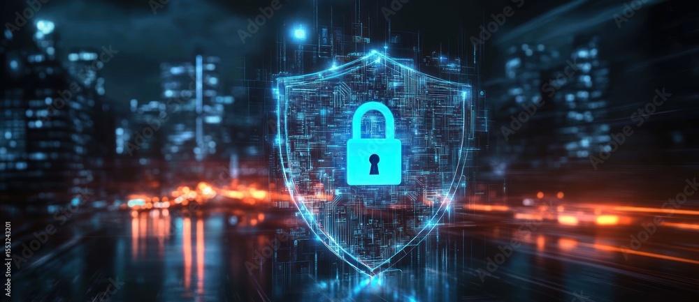 Aufkleber digital glowing shield with a central padlock symbol representing cybersecurity and data protection 