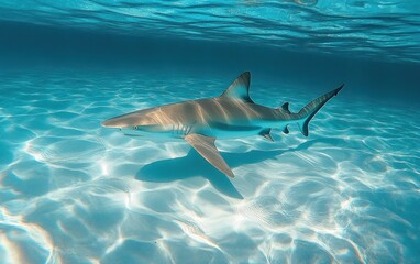 Fototapeta premium Shark swimming gracefully in clear shallow ocean water with sunlight creating rippling patterns on the sandy seabed