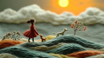 Woolen girl walking dogs during sunset crafted world scenic view creative handmade fiber art landscape