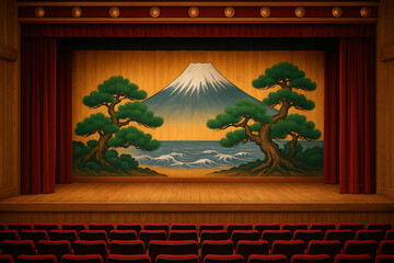 富士山と松が描かれた伝統的な歌舞伎の舞台構図