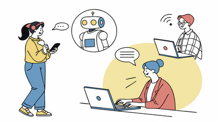 Ai chatbot customer service concept illustration with people using laptops and smartphones for support