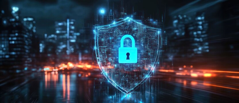 Digital glowing shield with a central padlock symbol representing cybersecurity and data protection over a blurred cityscape at night with bright light streaks