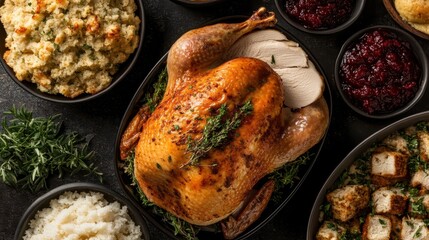 A beautifully roasted turkey presented with an array of traditional side dishes, celebrating the essence of festive gatherings and delicious meals shared with loved ones.