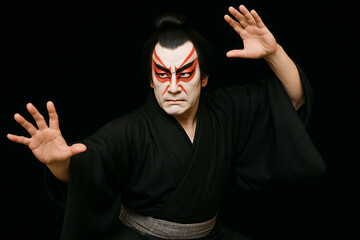 黒背景で象徴的な見得を決める歌舞伎役者の力強い姿