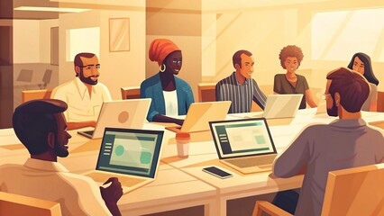 Fototapeta premium Diverse team collaborates in a modern office