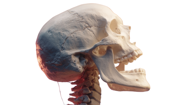 Human Skull Anatomical Study: A detailed view of a human skull, providing an in-depth look at the cranium's structure and skeletal features, perfect for educational or medical contexts.