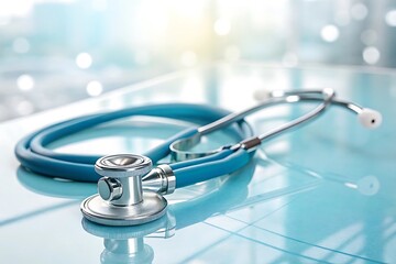 Medical Stethoscope on a Light Blue Glass Table with a Blurred Background for Healthcare Concepts