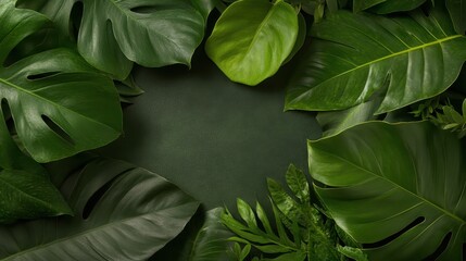 Fototapeta premium An array of lush green tropical leaves forms a rich backdrop, enhancing the feeling of natural beauty, tranquility, and depth within an inviting environment.