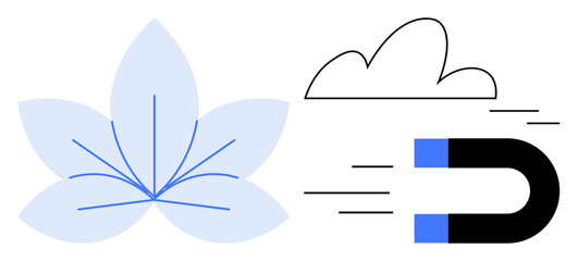 Blue flower with lines, simple cloud, and magnet symbolize attraction, direction, potential, technology, and nature. Ideal for energy, balance inspiration connection sustainability harmony
