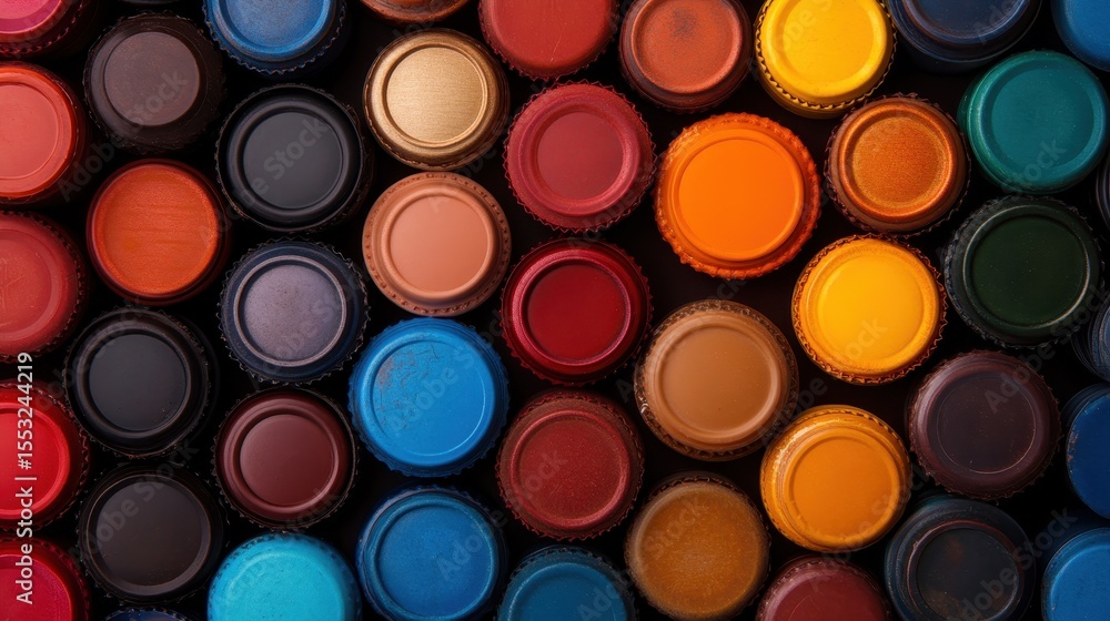 Poster this image showcases a diverse array of paint caps in vibrant colors, neatly arranged to create a vi
