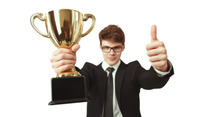 A Singular Triumph: A focused businessman, holding aloft a golden trophy, exudes confidence and achievement, delivering a thumbs-up to symbolize success, embodying ambition and prosperity.