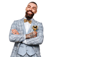 Smiling Achievement: A stylish individual exudes confidence, sporting a suave suit while clutching a golden trophy, embodying an air of success and triumph in a visual celebration of achievement.