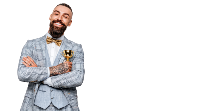 Smiling Achievement: A stylish individual exudes confidence, sporting a suave suit while clutching a golden trophy, embodying an air of success and triumph in a visual celebration of achievement. - Powered by Adobe