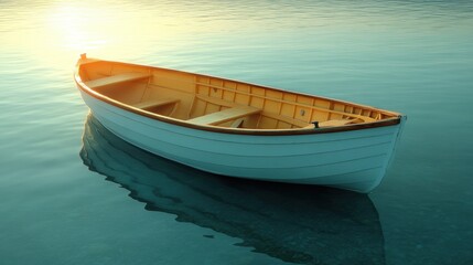 Fototapeta premium Tranquil Serenity Awaits Drifting Boat on Calm Lake Surface Basking in Golden Sunlight Reflection in Water Peace