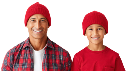 Father and Son Duo in Red: A beaming father and son, twinning in vibrant red beanie caps and matching red shirt, radiating joy and togetherness.