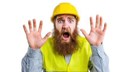 Worker's Urgent Warning: A construction worker, eyes wide with alarm, extends a hand to signal danger, conveying a sense of urgency and safety concerns in a stark and impactful portrait.