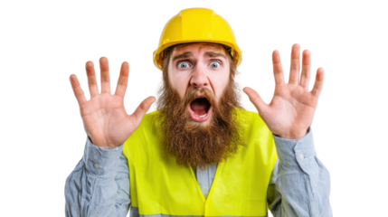 Worker's Urgent Warning: A construction worker, eyes wide with alarm, extends a hand to signal danger, conveying a sense of urgency and safety concerns in a stark and impactful portrait.