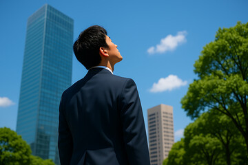 都会の夏空を見上げるスーツ姿の日本人男性の後ろ姿