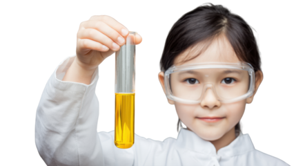 Young Scientist: A curious young girl, wearing safety goggles and a lab coat, carefully examines a test tube filled with a yellow liquid, embodying scientific curiosity and exploration.