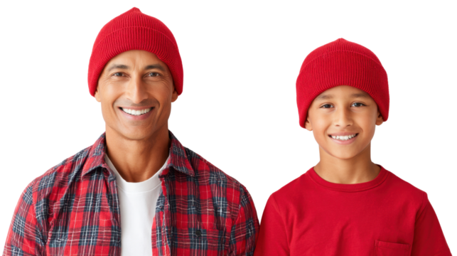 Father and Son Duo in Red: A beaming father and son, twinning in vibrant red beanie caps and matching red shirt, radiating joy and togetherness.
