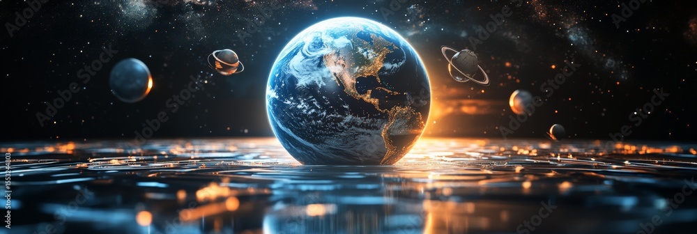 Poster earth and other planets are reflecting on a water surface surrounded by a breathtaking view of the u