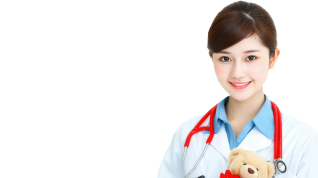 Gentle Care: A kind, compassionate young doctor stands with a soft teddy bear in her arms, radiating warmth and trustworthiness with her caring touch.