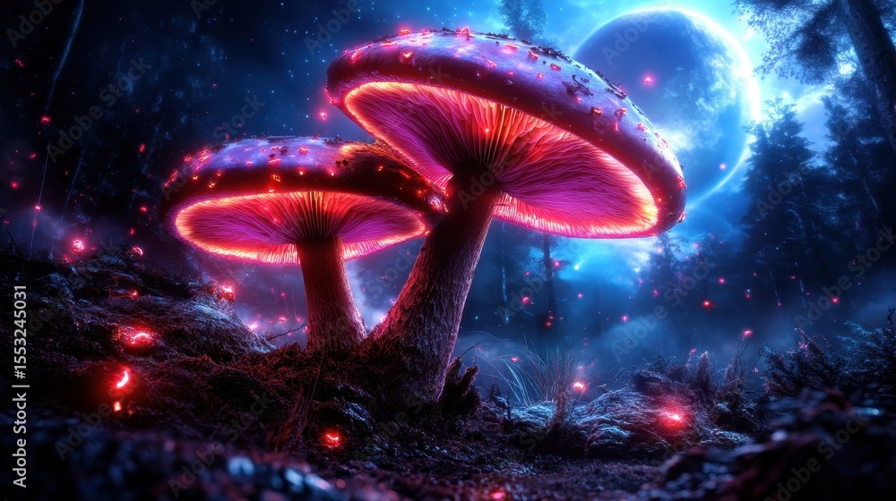Poster this magical image portrays luminous mushrooms in a mystical forest, illuminated by soft moonlight, 