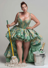 Curvy woman with mop and silver bucket with champagne and ice cubes, modern sensual Cinderella in sweat waiting for her charming prince, a funny, comical illustration of a disenchanted young lady