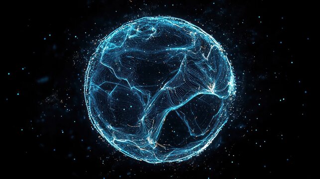 Glowing digital blue wireframe globe with continents and network connections on dark background, representing technology and global connectivity - Powered by Adobe